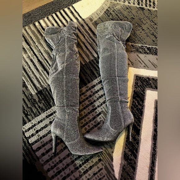 Brash Sparkling Silver Over-the-Knee Boots - Picture 1 of 10